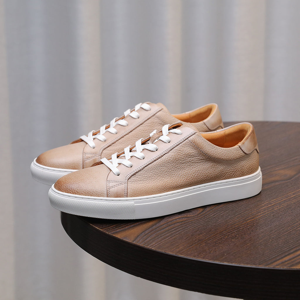 Men's leather sneakers, beige/tan, lace-up style with white rubber sole