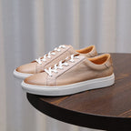 Men's leather sneakers, beige/tan, lace-up style with white rubber sole