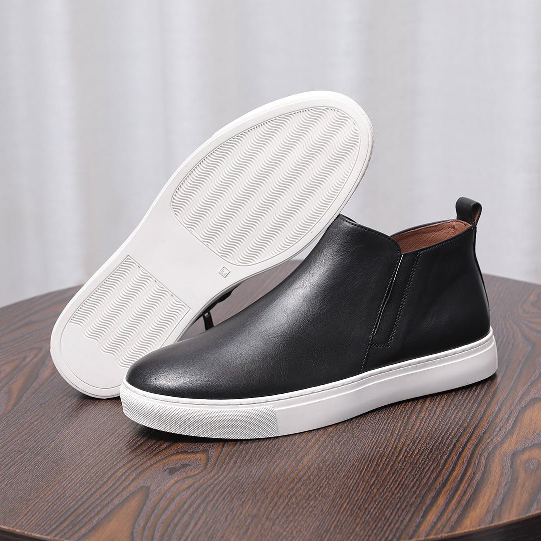 Men's point-toe leather side-zip dress boot, black upper with textured white outsole