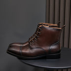Men's pointed-cap-toe leather dress boots, dark brown, lace-up ankle style