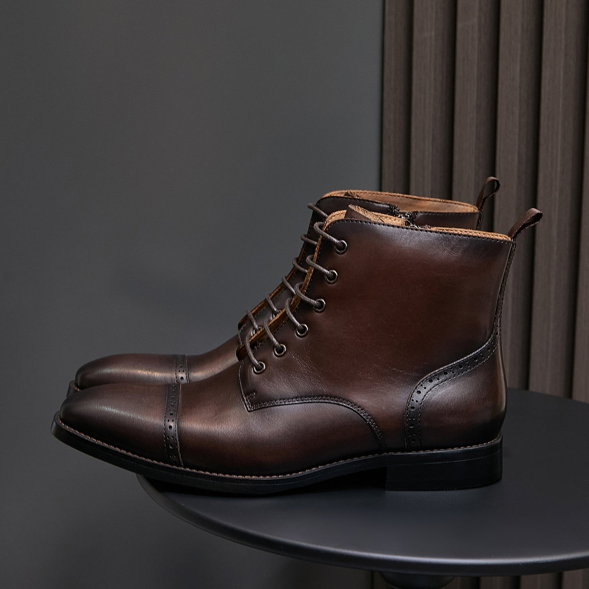 Men's pointed-cap-toe leather dress boots, dark brown, lace-up ankle style