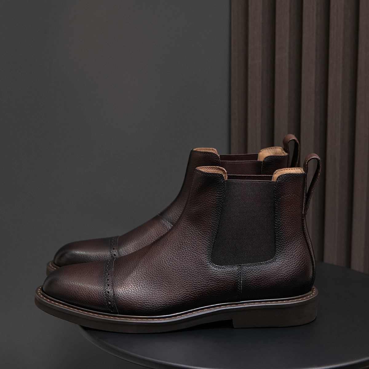 Men's pointed-toe Chelsea dress boots, dark brown leather upper with elastic side gores