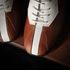 Close-up of men’s leather sneaker laces and stitching, brown and white paneling