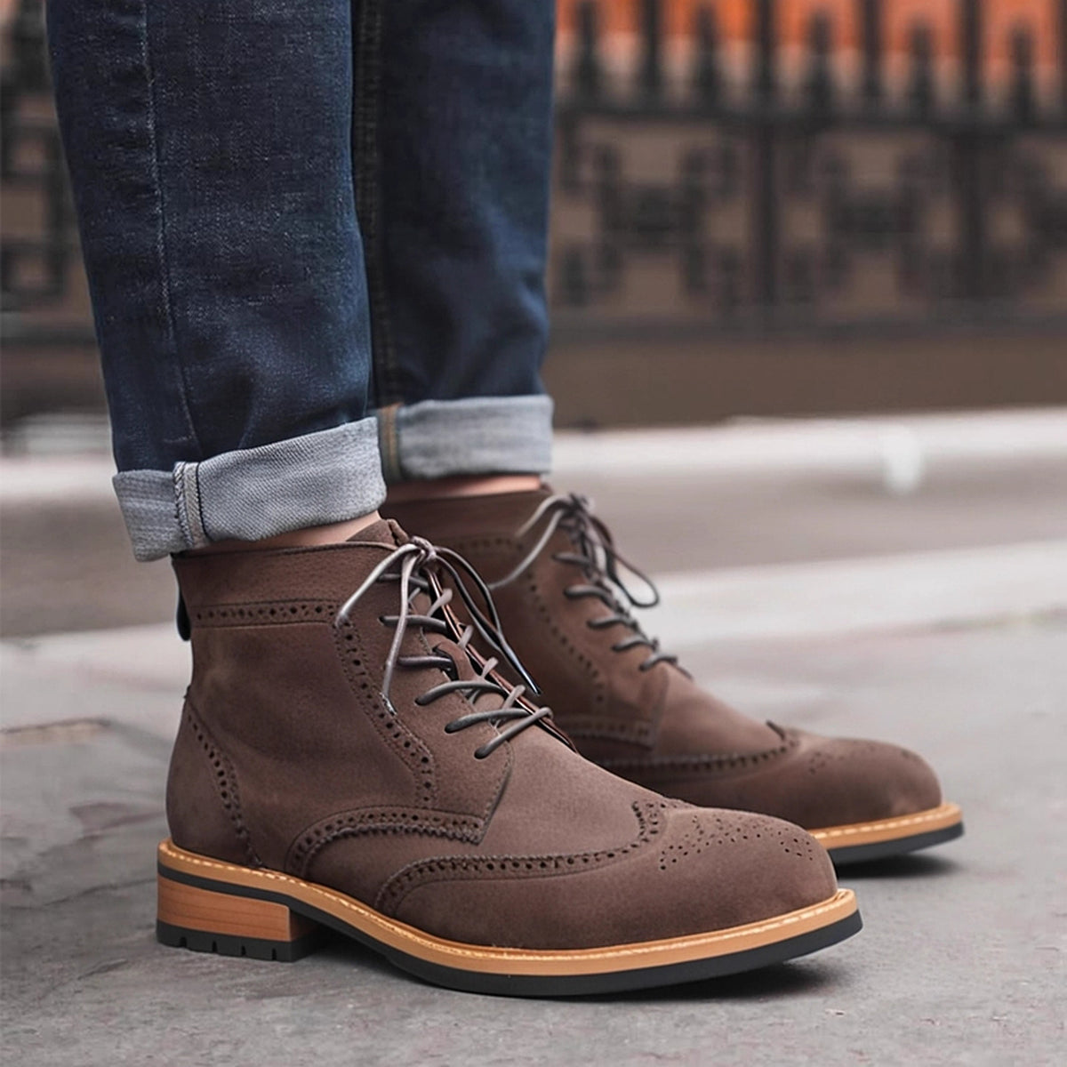 Wingtip Brogue Suede Back-Zip Lace-Up Boots for Men