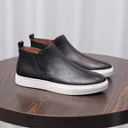 Men's point-toe leather side-zip dress boots, black leather with side zipper and white sole