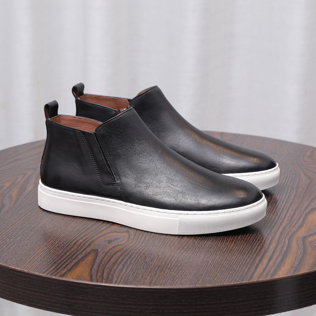 Men's point-toe leather side-zip dress boots, black leather with side zipper and white sole