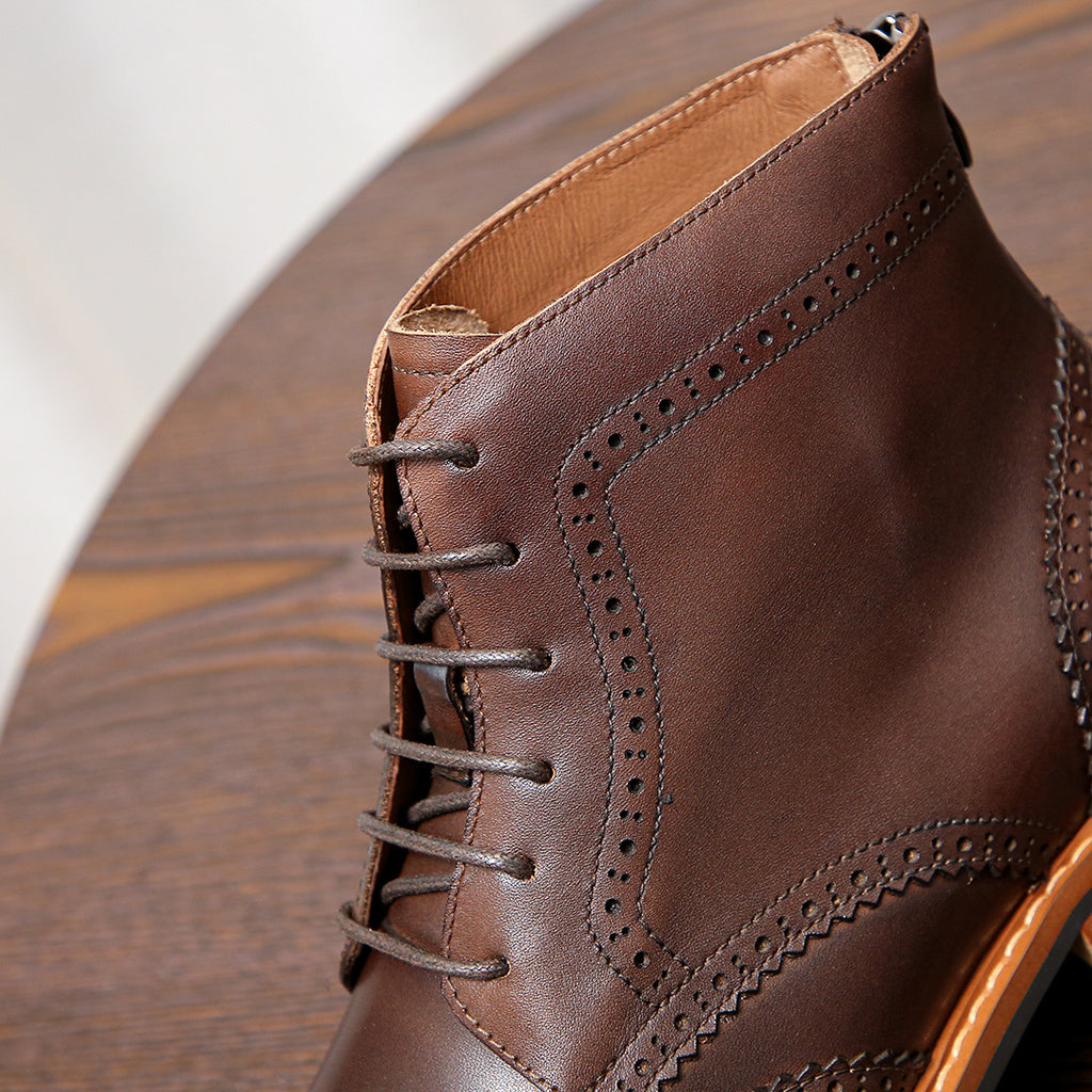 Men's Leather Wingtip Brogue Back-Zip Ankle Dress Boots