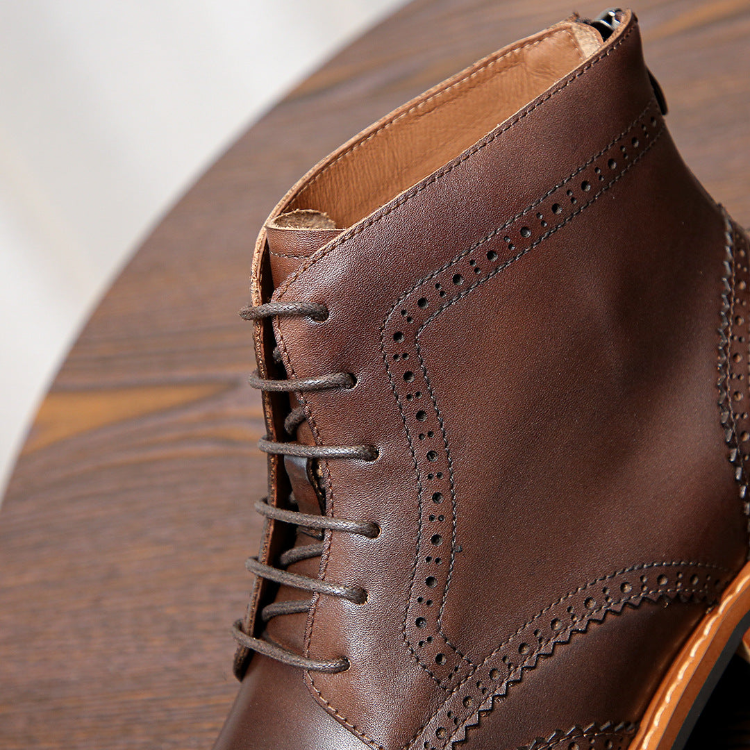 Men's Leather Wingtip Brogue Back-Zip Ankle Dress Boots