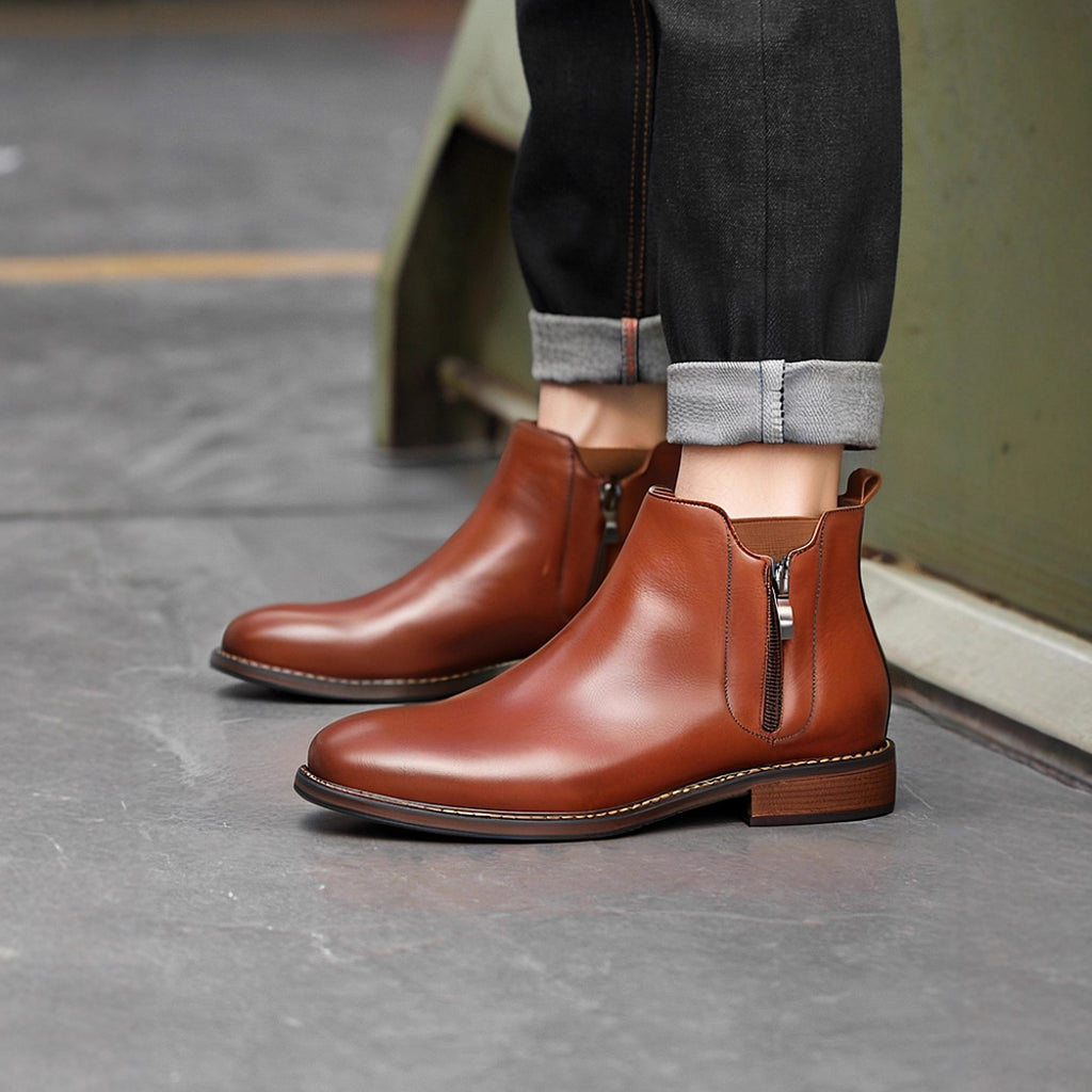 Men's Leather Plain Toe Side-Zip Chelsea Dress Boots