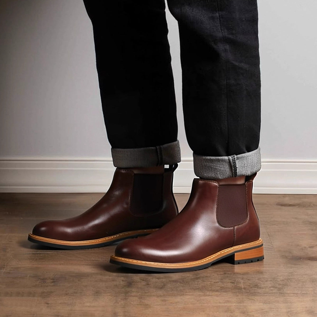 Men's Leather Contrast Welt Lug Sole Chelsea Dress Boots