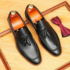 Men's Black Gray Pointed Toe Tassel Leather Loafers