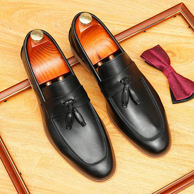 Men's Black Gray Pointed Toe Tassel Leather Loafers
