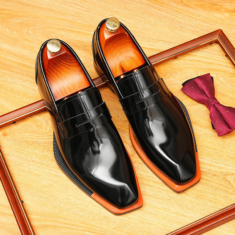 Men's Glossy Faceted Square Toe Leather Loafers