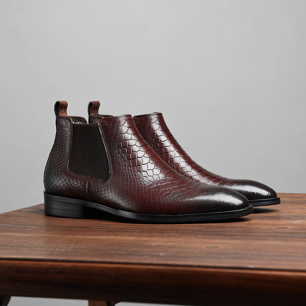 Men's genuine leather Chelsea dress boots, brown with side elastic gore and polished finish