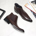 Men's dark brown leather Chelsea dress boots, pair angle view with block heels