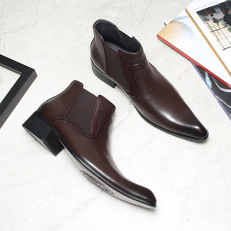 Men's dark brown leather Chelsea dress boots, pair angle view with block heels