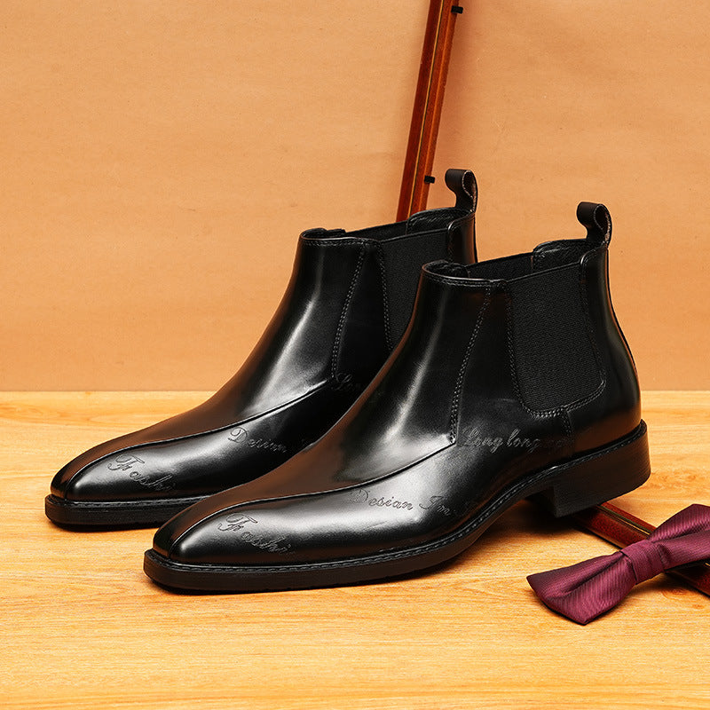 Men's Ornate Carved Pointed Toe Leather Slip-On Dress Boots