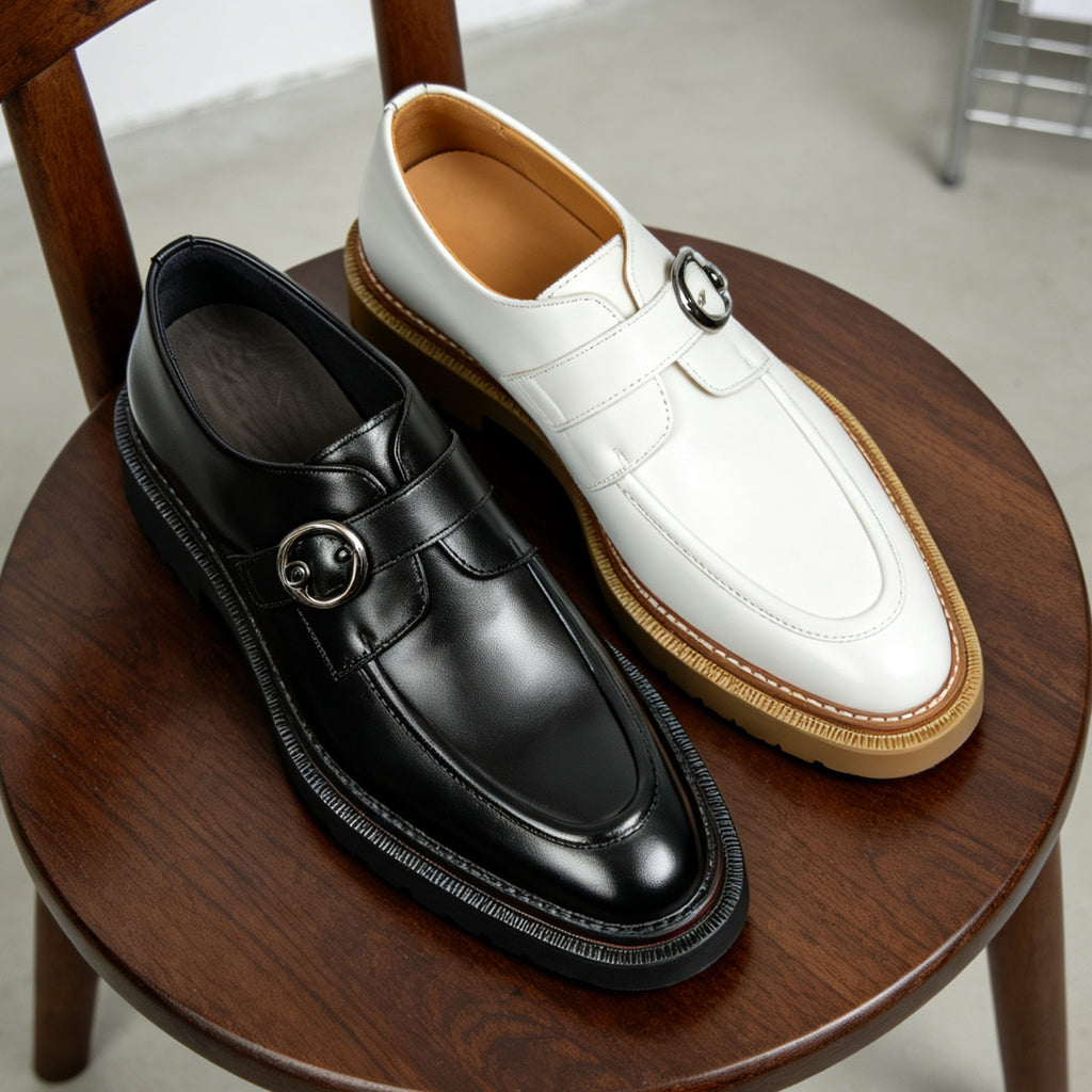 Men's Black White Pointed Toe Single Monk Strap Leather Shoes