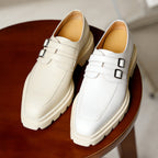 Men's White Beige Pointed Toe Chunky Double Monk Shoes