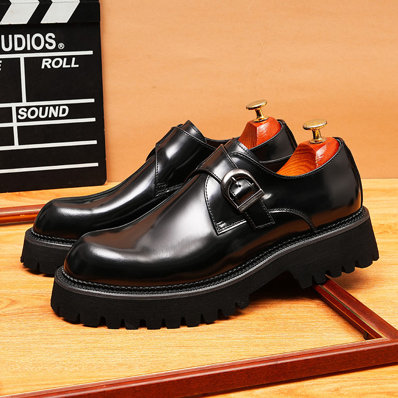 Men's Round Toe Chunky Sole Single Monk Strap Leather Shoes