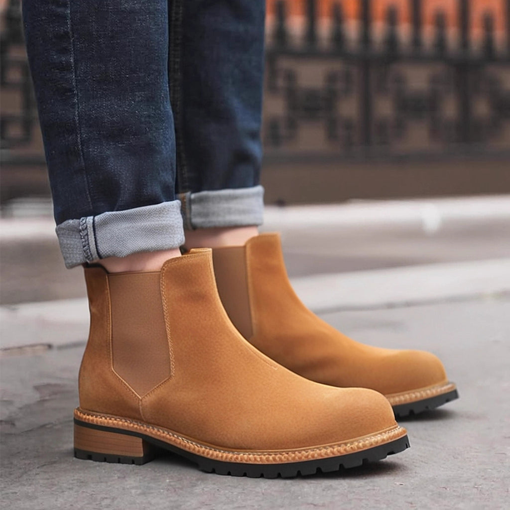 Round Plain Toe Suede Contrast-Welt Chelsea Boots for Men