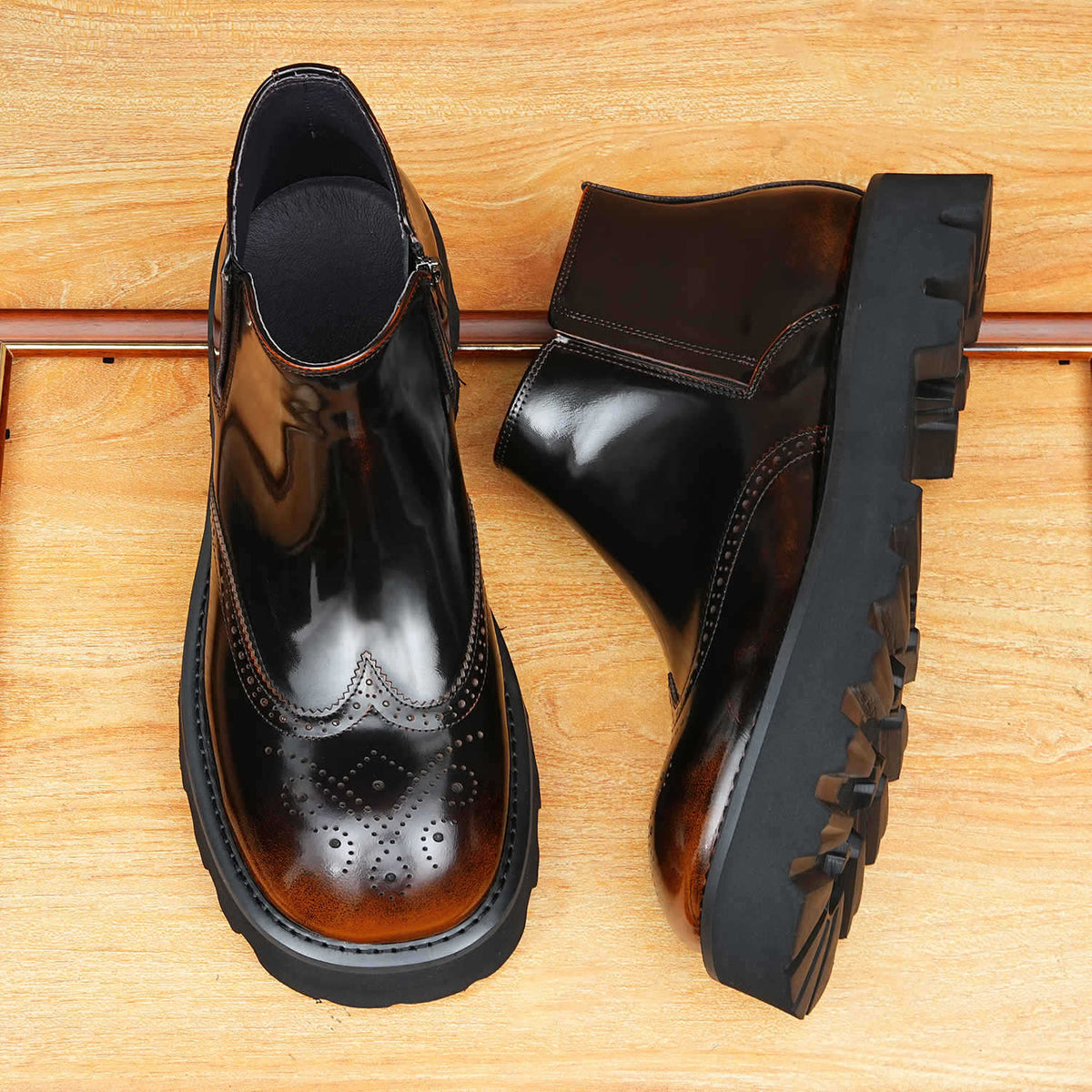 Men's Round Toe Wingtip Brogue Thick Sole Zip Boots