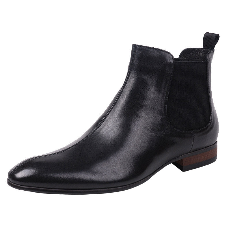 Black genuine leather chelsea boot, slip-on elastic side gore and low block heel