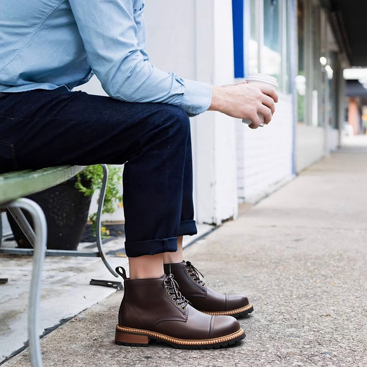 Cap Toe Leather Contrast-Welt Lace-Up Boots for Men