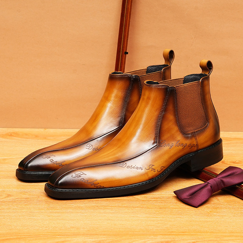 Men's Hand-Painted Pointed Toe Leather Slip-On Dress Boots