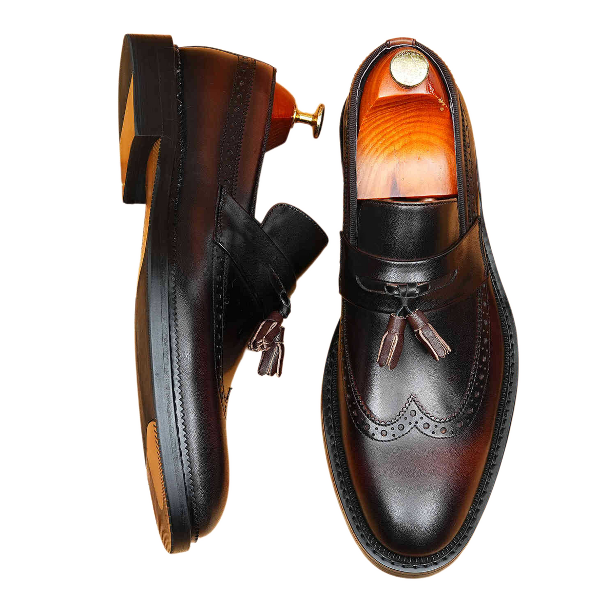 Men's Burnished Brogue Tassel Round Toe Leather Loafers