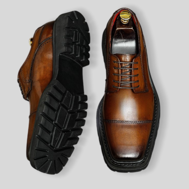 Men's Chunky Lug Sole Cap Toe Square Chisel Leather Derbies