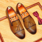 Men's Cap Toe Carved Tassel Pointed Leather Loafers