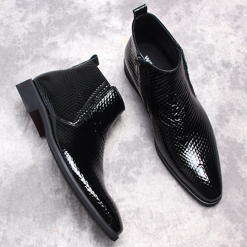 Men's black textured leather ankle boots with side zip and thick sole, alternate angle