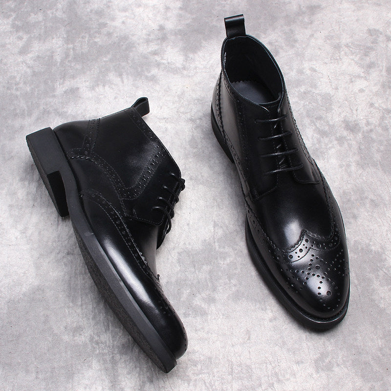 Black wingtip lace-up dress boots, side and front views