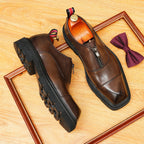 Men's Square Toe Zipper Chunky Sole Leather Loafers