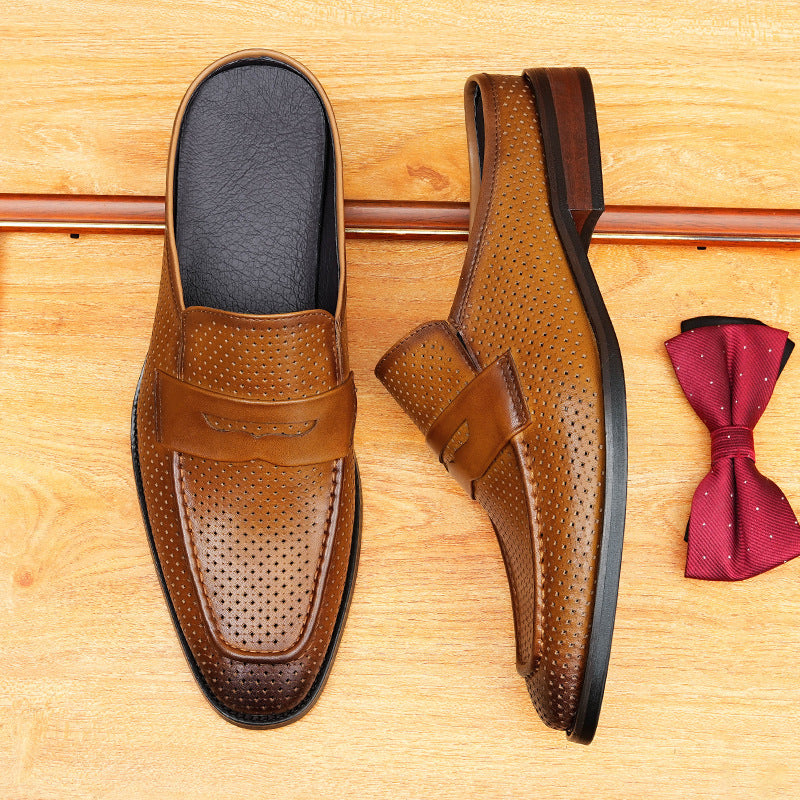 Men's Perforated Pointed Toe Leather Mule Loafers