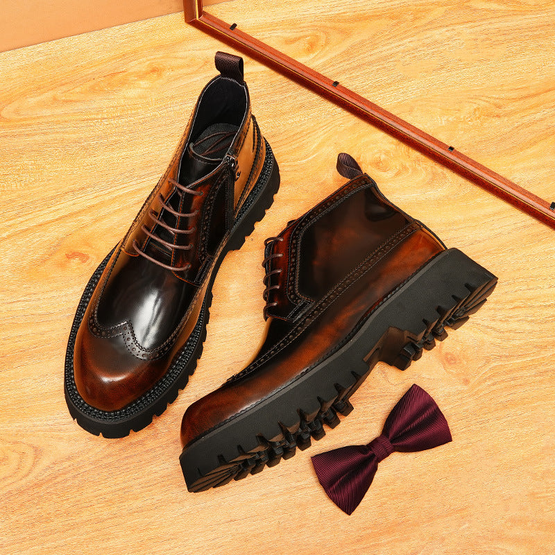 Men's Brogue Decorative Lace-Up Thick Sole Zip Boots