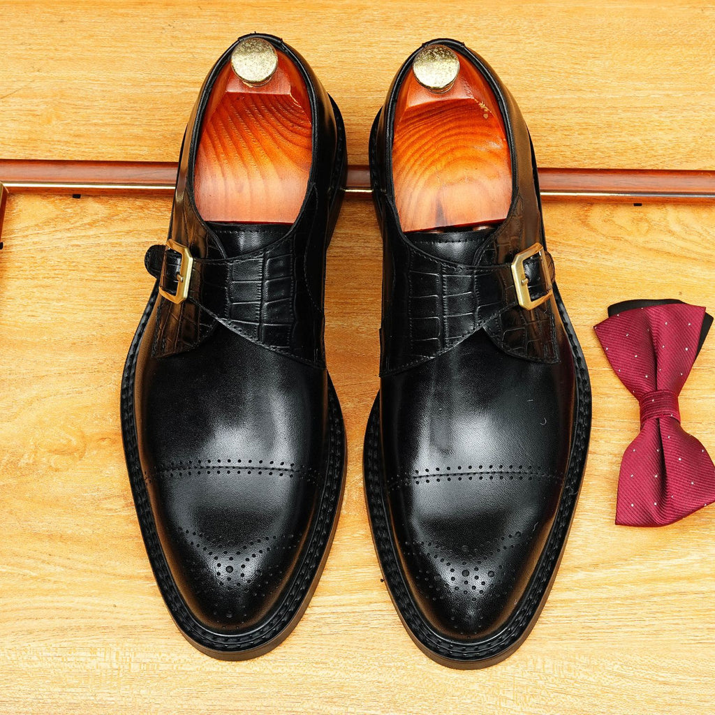 Men's Black Brown Pointed Cap Toe Single Monk Leather Shoes