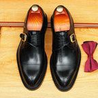Men's Black Brown Pointed Cap Toe Single Monk Leather Shoes