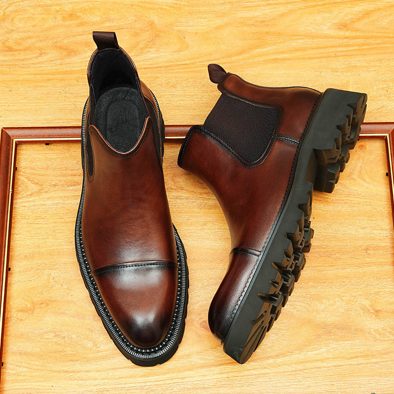 Men's Cap Toe Lug Sole Leather Chelsea Boots - Slip-On
