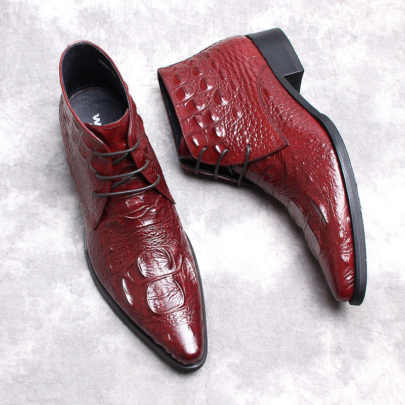 Men's burgundy lace-up dress boots with textured finish and low block heel, side angle