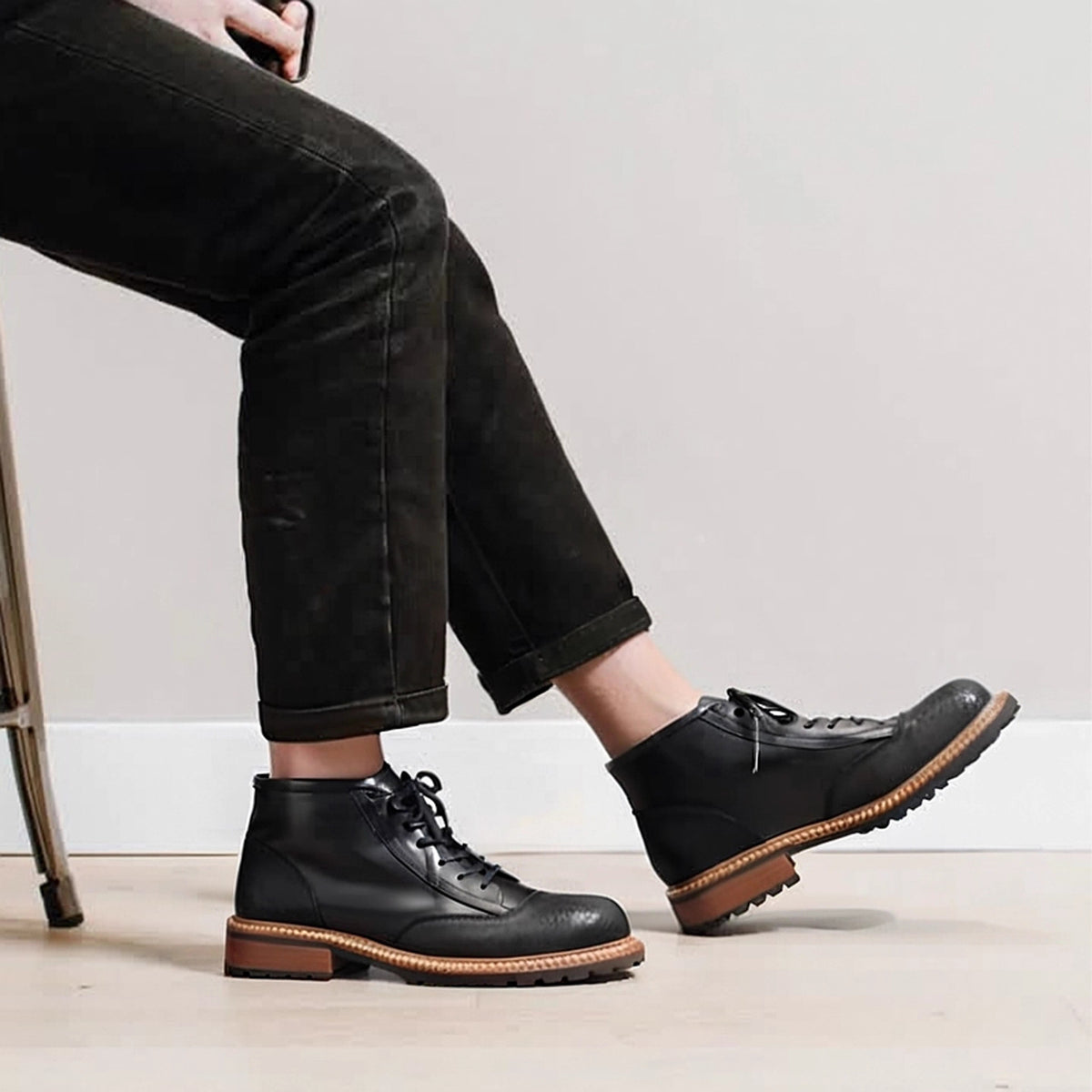 Men's Leather Textured Cap Toe Lug Sole Lace-Up Boots