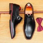 Men's Black Brown Pointed Toe Single Monk Strap Leather Shoes