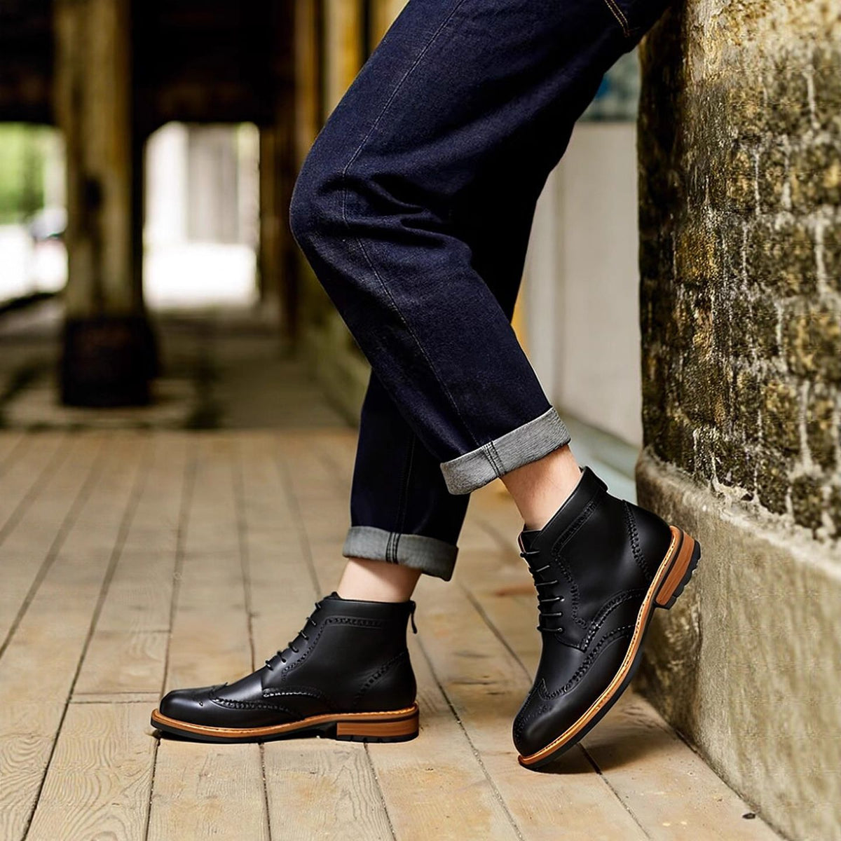 Men's Leather Wingtip Brogue Back-Zip Ankle Dress Boots