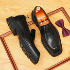Men's Square Toe Penny Strap Chunky Sole Leather Loafers