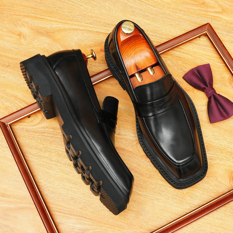 Men's Square Toe Penny Strap Chunky Sole Leather Loafers