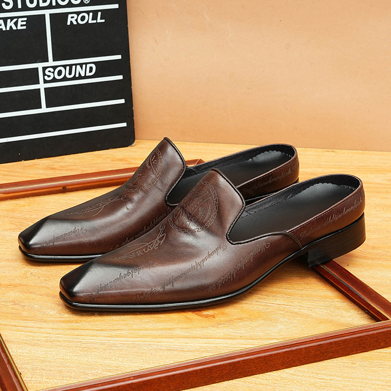 Men's Burnished Carved Leather Closed-Toe Mule Loafers