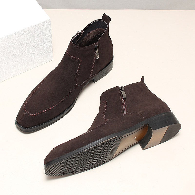 Dark brown suede ankle boots with side zip; thick sole shown from side and bottom