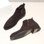 Dark brown suede ankle boots with side zip; thick sole shown from side and bottom