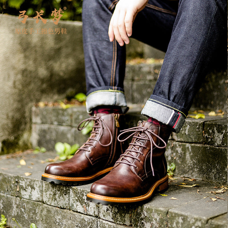 Men's pointed-toe leather side-zip lace-up boots, brown with lug rubber sole